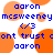 Pixelated orange circles overlap blue text reading 'aaron', 'mcsweeney', and 'ont trust' on a white background with no visible animation changes.