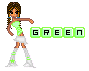 Pixelated character with brown braided hair in green top and white skirt, standing with arm extended, next to green block letters spelling 'GREEN' on white background.