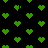 Green pixelated hearts on black background with scattered broken heart fragments and one heart showing a small crack.