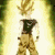 A character with spiky golden hair and a dark top stands against a bright yellow background with green vertical stripes.
