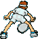 Pixelated character in white outfit holding tennis racket, shown from back with varied leg and arm positions