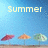 Pixelated summer-themed icon with blue gradient background, yellow text reading 'Summer', and three beach umbrellas on a sandy shore.