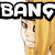 Pixelated anime-style character with long blonde hair and a gray headband, showing text overlays 'BANG' and 'UNO' in different frames.