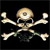 Pixelated skull and crossbones symbol on black background with beige and brown tones.
