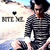 Pixelated image of a person in striped shirt with dark hair, standing beside text reading 'KISS ME' and a black heart symbol.