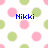 Pixelated image with white background and repeating pink and green polka dots, displaying three blue text labels: 'Nikki', 'ROX', and 'outloud'.