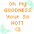 Pixelated orange text reads "Oh My GOODNESS Your So HOTT" with a heart symbol, surrounded by light green square patterns on white background.