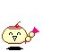 Pixelated character with cherry-topped head, pink flower in hand, and black shadow on gray background; second frame shows star effects.