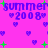Pixelated graphic with repeating text and symbols on a bright pink background, featuring blue 'summer 2008' phrases flanked by purple hearts and green crosses.