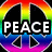 A pixelated rainbow gradient background with black peace symbols overlaid, displaying the words PEACE LOVE HAPPINESS in white block letters.