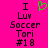 A bright pink background displays pixelated text reading "I Lux Soccer Tori #18" with a green heart symbol above the text on the left side.