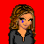 Pixel art contact sheet showing three frames of a cartoon woman with blue tear marks, wearing a black top and dark skirt, holding a black handbag against red background with cyan text.