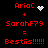 Red pixelated text on black background shows 'Arioc + SarahF79 = Bestiis!!!!!!' with two different white pixelated symbols replacing the plus sign.
