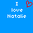 Blue background with white text 'I love Natalie' and a red pixelated heart symbol above the word 'love'.