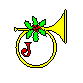 Yellow trumpet with green holly and red berries, displaying 'J', 'JO', 'JOY', and 'JOY' with sound lines