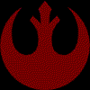 Red pixelated symbols on black background, arranged in three with four each