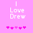 Pixelated text 'I Love Drew' on pink background with five heart symbols below, showing animation change in heart positions.