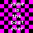 Pixelated text on a pink and black checkered background with visible animation distortion effects.