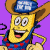 Animated contact sheet showing a yellow cartoon character in cowboy hat with blue bandana, red heart-patterned overalls, and purple background across multiple frames including text overlays and an @ symbol.