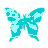 Pixelated cyan butterfly with patterned wings, displaying sequential text labels and animation effects across five of