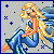 Pixel art contact sheet of a blonde fairy character in blue dress with wings, showing three animation frames on gray background with star patterns.