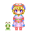 Pixel art character with blonde hair and blue headband, wearing pink and purple dress with blue accents, standing next to small green creature on gray background.