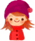 Pixelated cartoon girl with magenta hat and red coat, two expressions shown side-by-side.