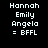 Pixelated text displays names and "= BFFL" on black background with pink highlight changes across three