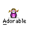 Animated contact sheet of a pixel art character with brown pigtails and pink dress performing various actions across 20 frames, including waving, holding hearts, and smiling, all labeled "Adorable" below each frame on gray background.
