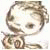 Pixelated static image of a stylized figure with light brown hair, closed eyes, and a small nose, wearing a dark green top with a spiral pattern on the chest.