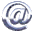 A contact sheet of 18 animated frames showing a metallic blue @ symbol icon in various rotation and perspective states against a gray background.