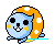 Pixel art contact sheet showing two frames of an animated character with blue body, orange polka-dot shell, and yellow cheeks running on a cyan ground line against gray background.