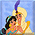 Pixelated static image of two cartoon characters in a close embrace against a light blue background, with one character wearing a large yellow turban and the other in colorful attire.