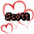 Pixelated icon with red heart outlines surrounding black text reading 'Scott' on a white background.