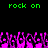 Green text 'rock on' appears twice at the top of a black background above a of pink pixelated hands raised in the air