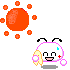Pixelated character with white head, pink outline, black antennae, and orange hand holding a yellow object against gray background.