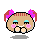 Pixel art contact sheet of six animated frames showing a cartoon hamster character with pink bows, blue eyes, and pink cheeks in various expressions against gray background.
