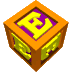 orange cubes with purple faces displaying yellow 'E' letters, each cube rotated to show multiple sides against a gray background
