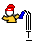 Pixelated character in red hat and yellow shirt holding blue object, with text below changing from 'I' to 'Tag' across frames.