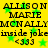 Yellow background with green starbursts and repeated black text reading 'ALLISON MARIE MCNALLY' and 'inside joke' with '<333' symbols.
