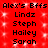 Red background with white sparkles, repeated text 'Alex's Bffs' and names Lindz Steph Hailey Sarah in black pixelated font.