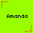 Bright green background with repeated pixelated text "Amanda" and animated star-shaped icons in red, pink, and brown.