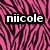 Pixelated image with pink and dark purple striped background, white text 'niicole' in black rectangular box centered horizontally.