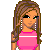 Pixel art buddy icon featuring a female character with long brown hair and earrings on the left, paired with text elements on pink and gray backgrounds.