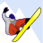 Pixelated figure in red jacket and blue helmet snowboarding on yellow board against light blue sky with white cloud shapes.