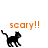 Pixelated black cat icon with orange 'scary!!' text above, positioned on white background in three distinct views showing different vertical placements.