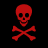 Six pixelated skull and crossbones icons in red, pink, magenta, purple, green, and cyan arranged in two on a black background