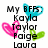 Pixelated text lists names with heart symbols in blue, pink, and green on white background.