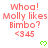 Red text reads "Whoa! Molly likes Bimbo? <345" with green heart symbols on a white background, showing partial gray cropping at bottom right.