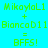 A static digital image with cyan background and green text displaying 'MikaylaL1 + BiancaD11 = BFFS!' repeated across three with pink rectangular overlays on the second